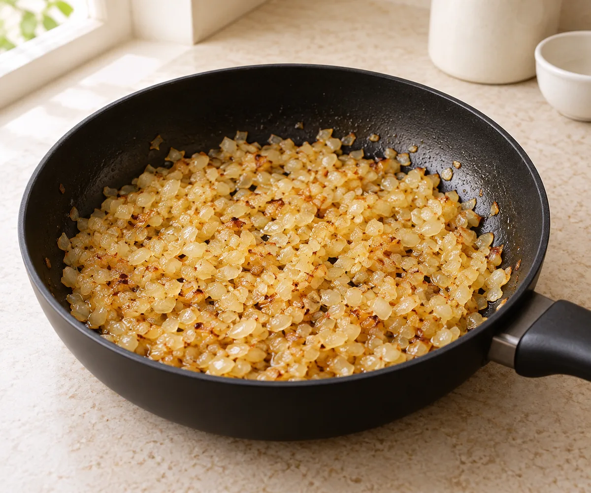 Finely chopped onions softened to light gold in oil in a black pan.