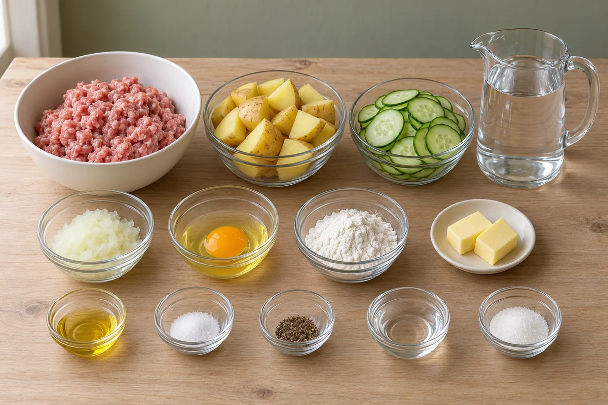 Prepared pork, grated onion, egg, flour, butter, oil, salt, pepper, potatoes, cucumber, vinegar, sugar and water in separate bowls and a jug.