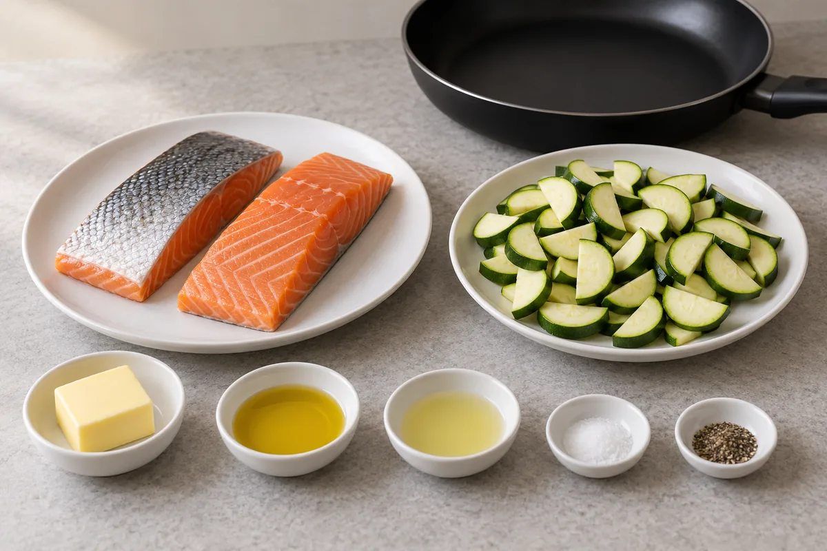 Two raw salmon fillets, sliced zucchini, butter, olive oil, lemon juice, salt and black pepper arranged separately.