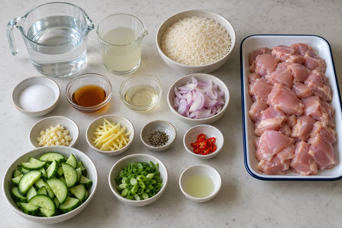 Prepared chicken, rice, cucumber, ginger, shallot, garlic and measured sauce ingredients arranged separately.