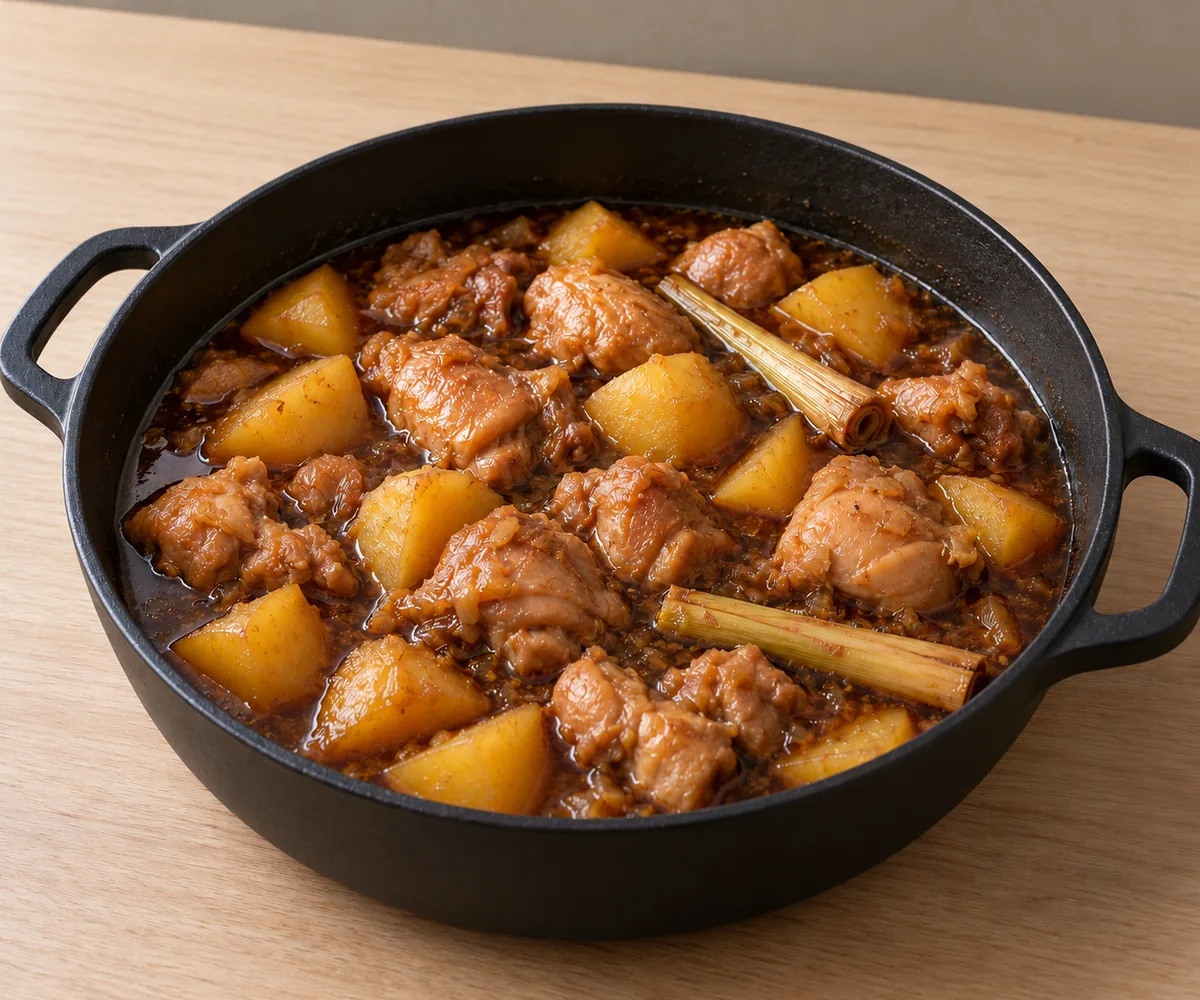 Tender chicken and potato chunks with lemongrass in a shallow brown braising broth.