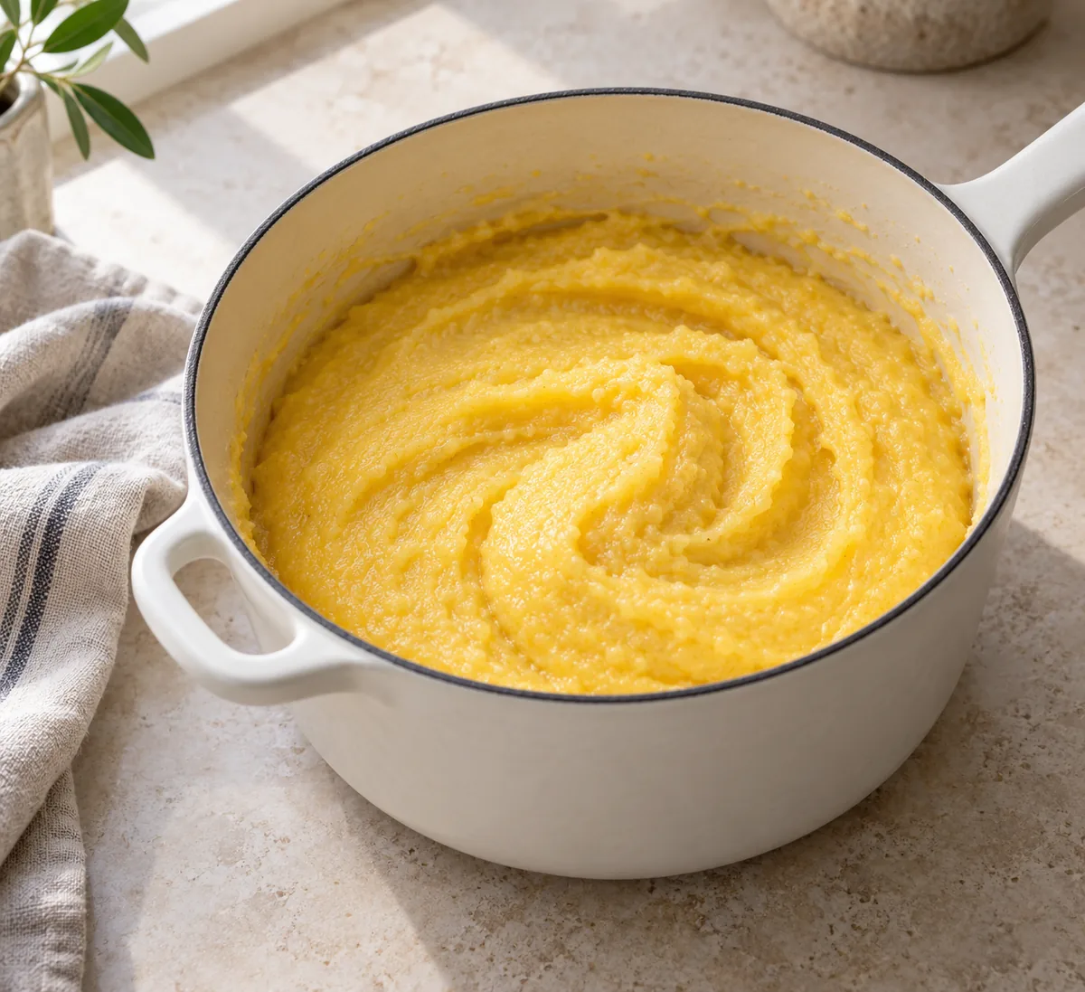Thick, smooth yellow polenta after cooking in a saucepan.