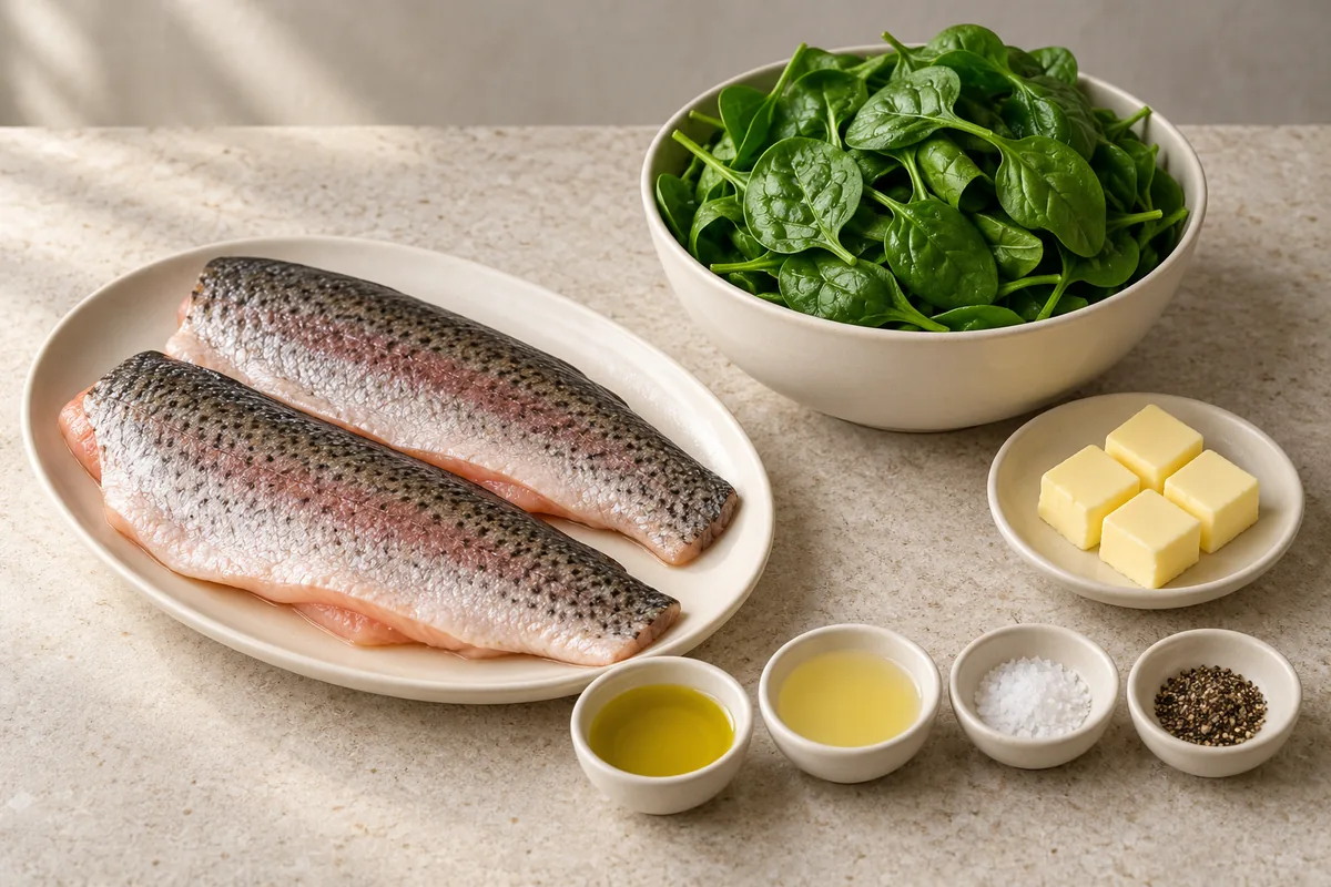 Two raw trout fillets, baby spinach, four butter cubes, olive oil, lemon juice, salt and black pepper arranged in ivory dishes.
