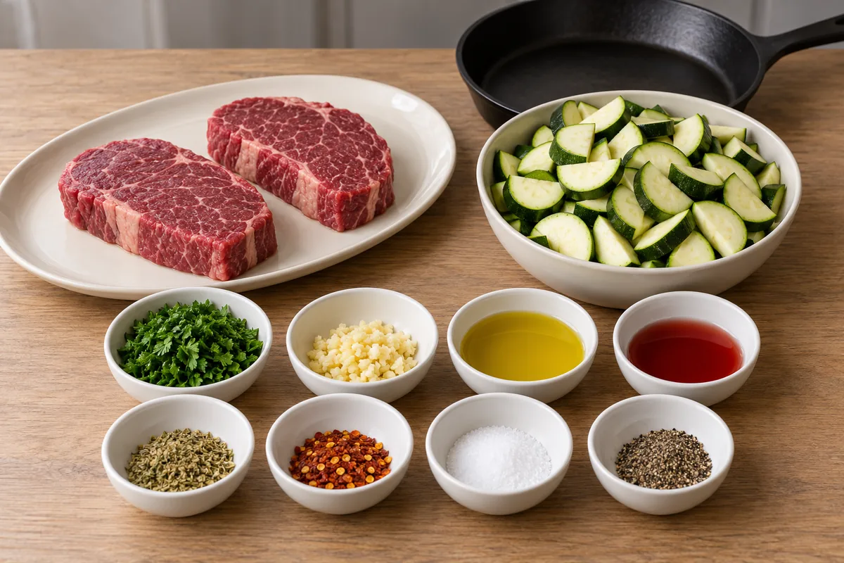 Two raw steaks, sliced zucchini and separate bowls of chopped parsley, minced garlic, olive oil, red wine vinegar, oregano, chili flakes, salt and pepper.