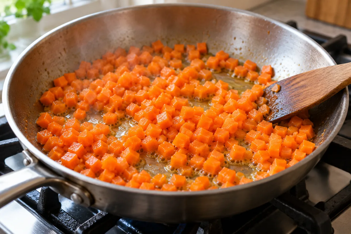 Small carrot cubes softening in a frying pan with a little olive oil and water.