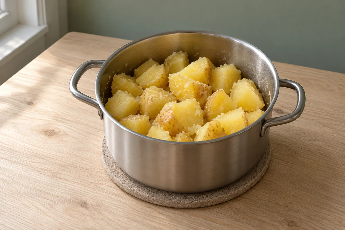 Tender drained skin-on potato chunks coated with melted butter in a stainless steel saucepan.