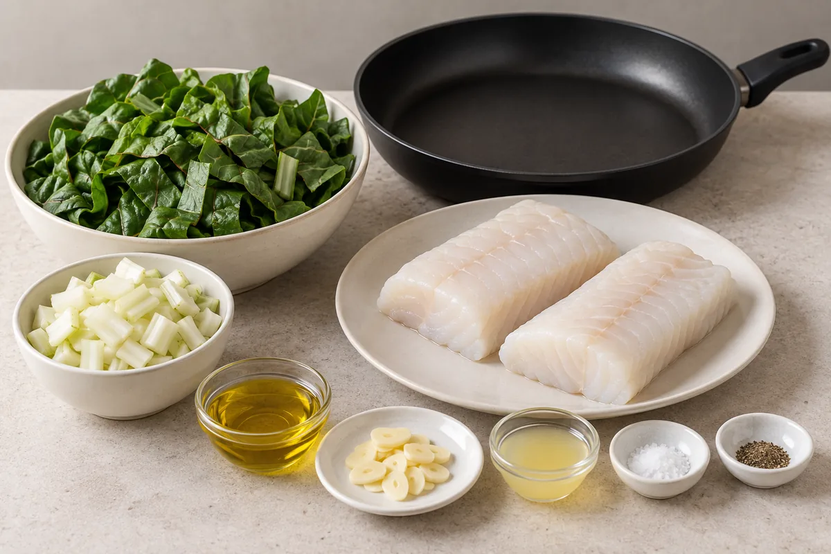 Two raw cod loins, chopped Swiss chard leaves and stems, sliced garlic, olive oil, lemon juice, salt and black pepper prepared for two servings.