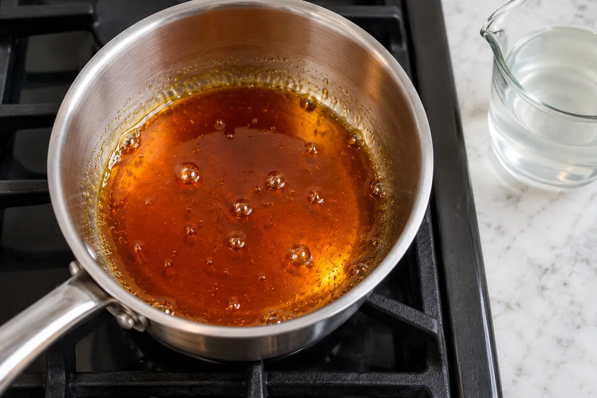 Amber caramel in a small light-colored saucepan, showing the color to aim for before adding liquid.