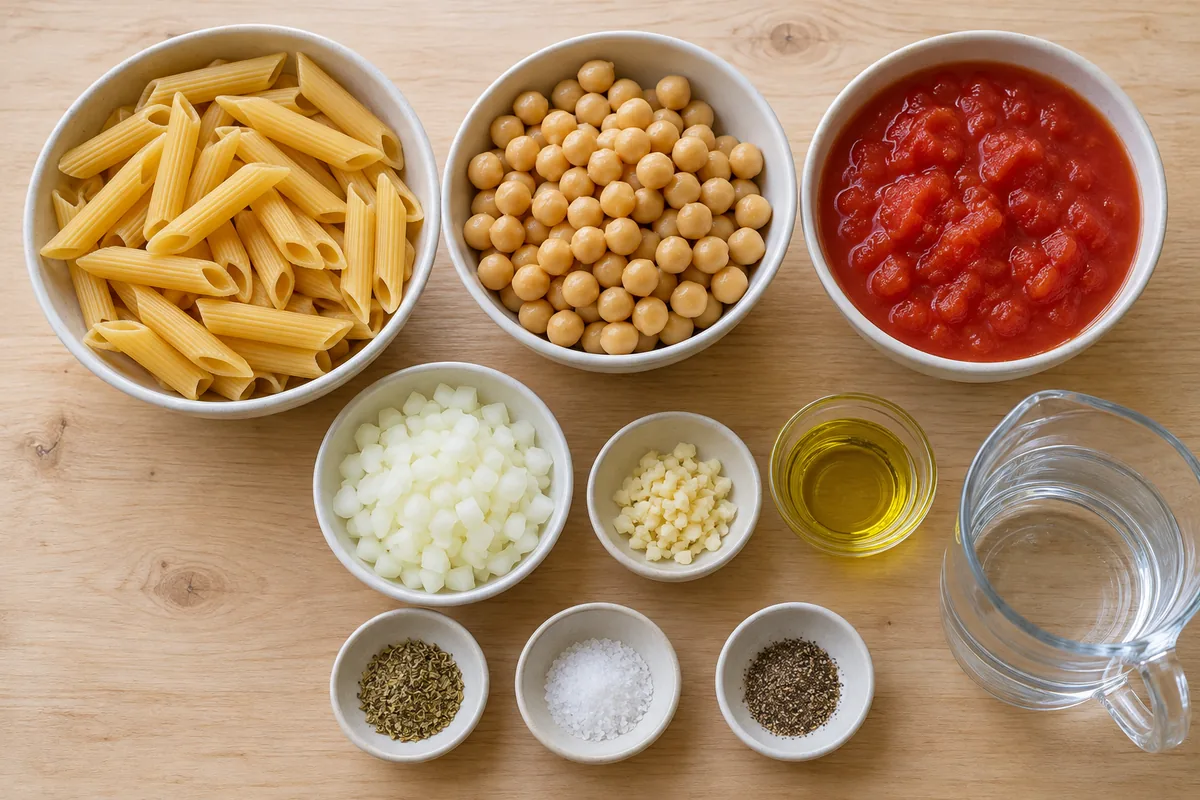 Prepared ingredients for two servings: penne, chickpeas, chopped tomatoes, onion, garlic, olive oil, oregano, salt, pepper and water.