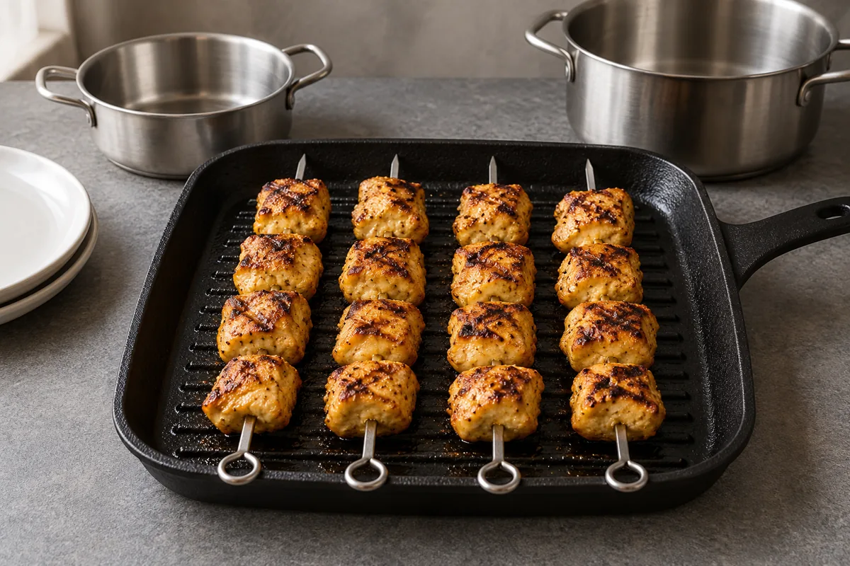 Four metal skewers carrying sixteen golden grilled chicken pieces in a square ridged grill pan.