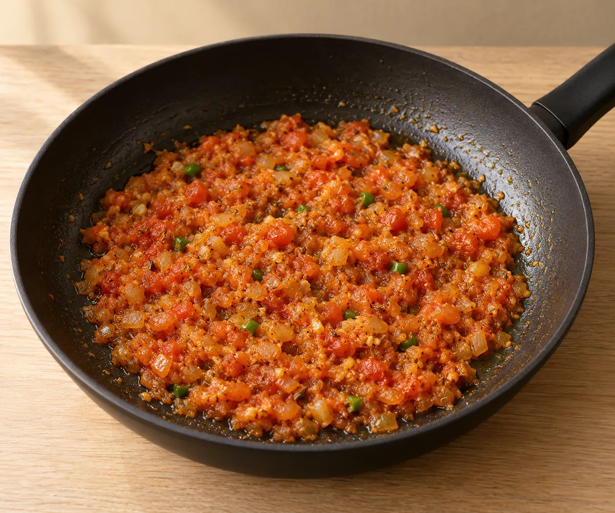 Softened onion and tomato cooked down with cumin, ginger, garlic, chili and turmeric into a thick aromatic base.