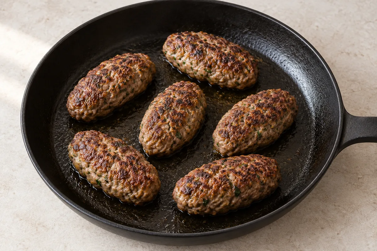 Six browned oblong beef kafta with embedded parsley flecks in a black skillet before the cabbage is added.