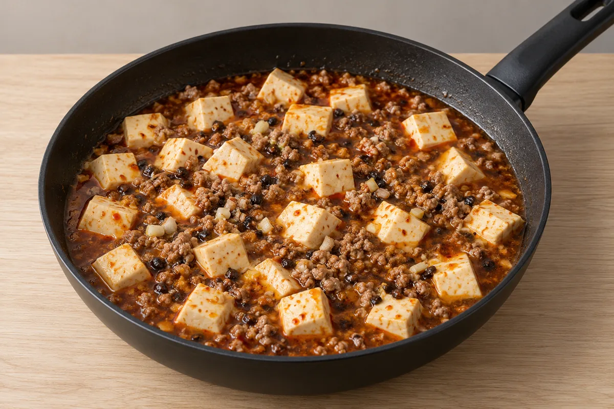 Soft tofu cubes and cooked pork simmered in a thin red sauce before thickening and adding scallion greens.