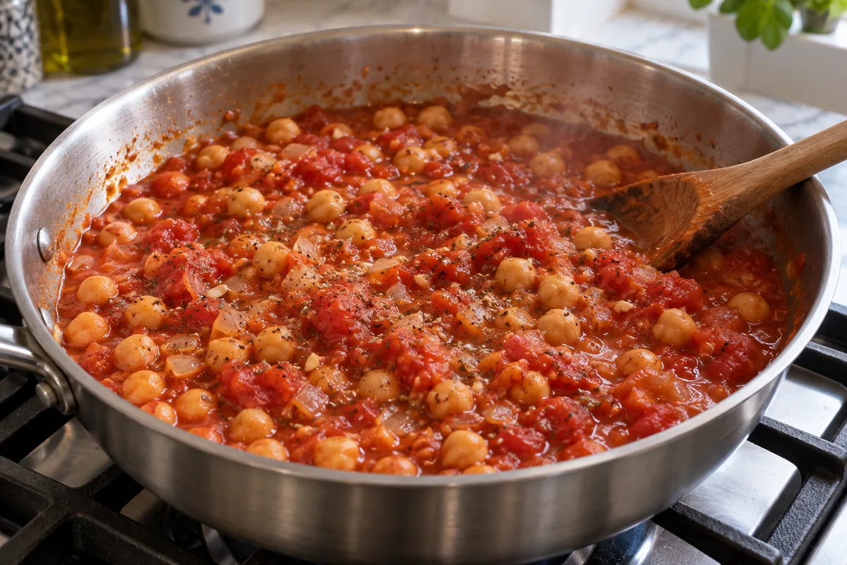 Chickpeas and chopped tomatoes simmering with softened onion, garlic and oregano before the pasta is added.