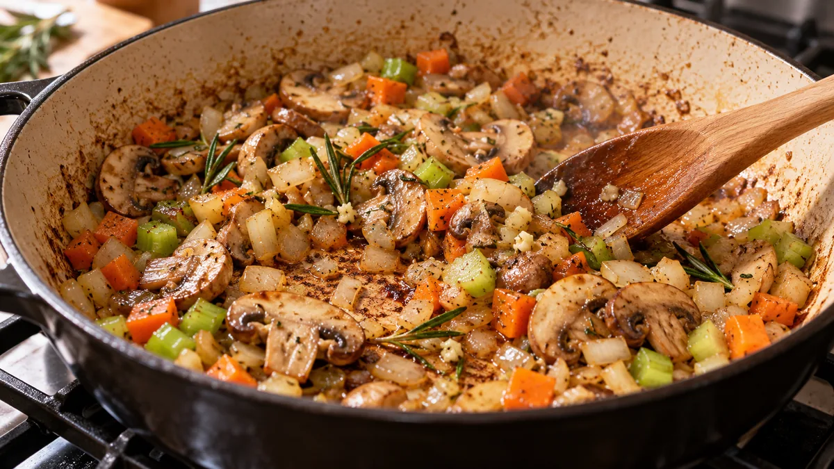 Mushrooms and chopped vegetables sautéing in the pan with herbs