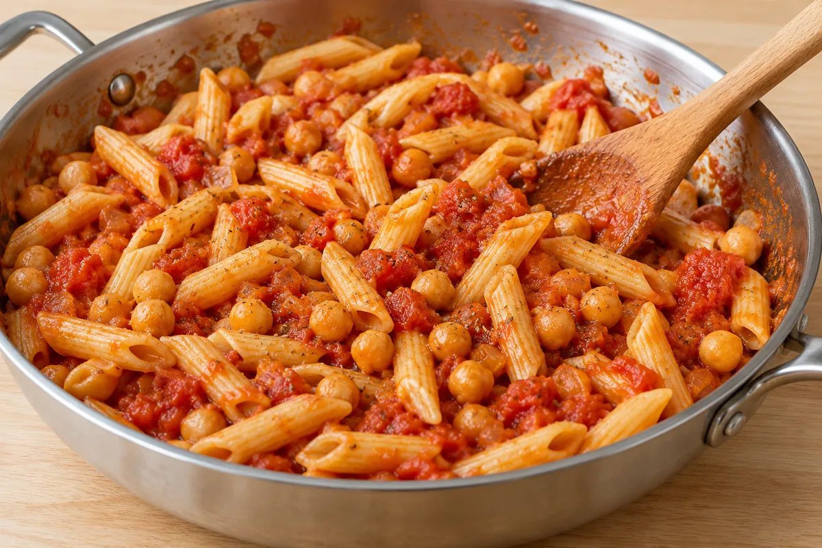 Cooked penne being folded into chickpeas and tomato sauce in a wide pan.