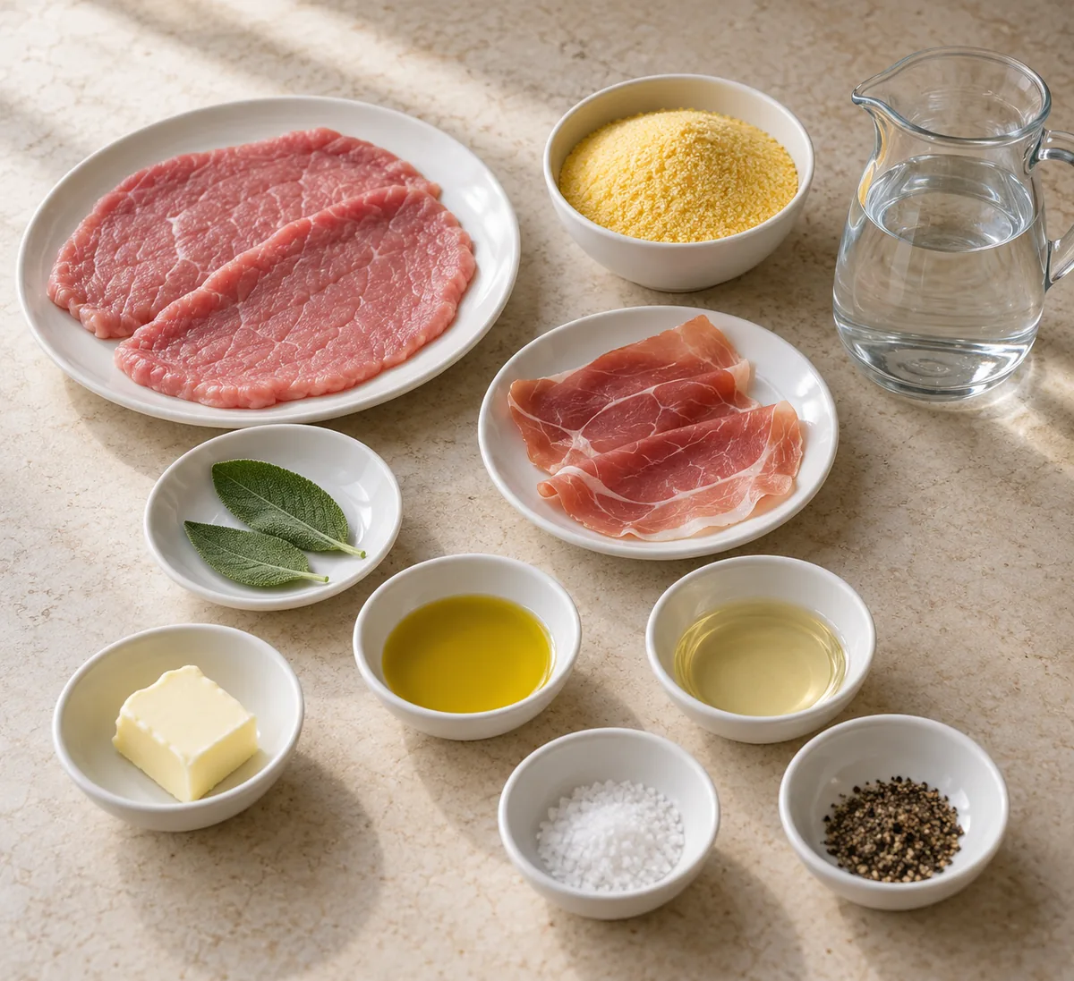 Prepared veal, prosciutto, sage, cornmeal, water, butter, olive oil, white wine, salt and pepper arranged on a stone counter.