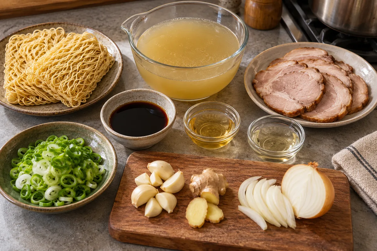 Prepared noodles, pork, chicken stock, soy sauce, aromatics, and green onions
