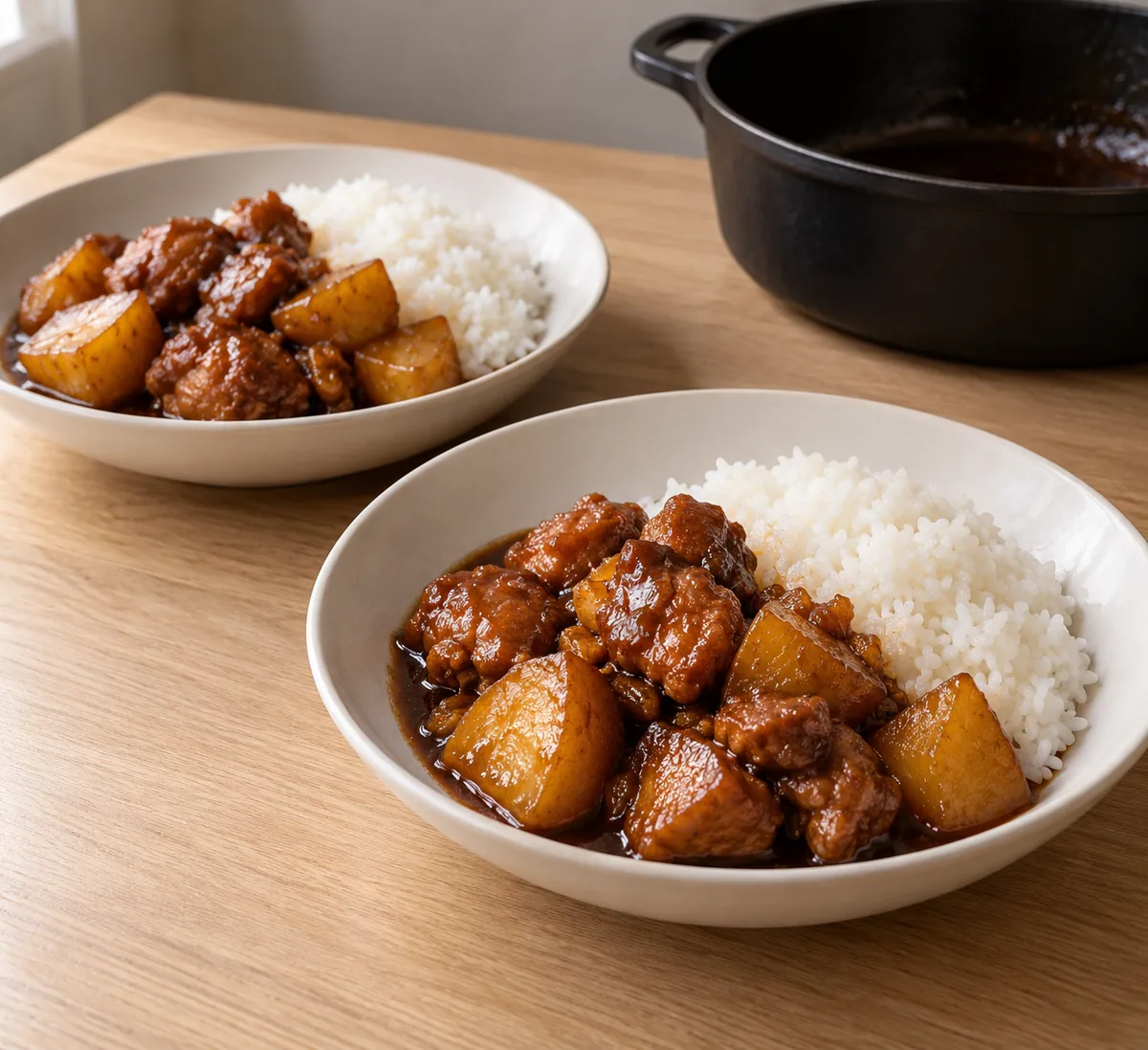 Two ivory bowls of white rice with glossy brown sweet soy chicken and potato stew.