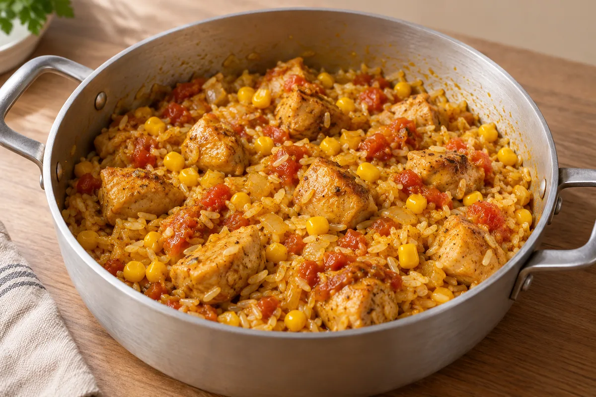 Frango dourado misturado ao arroz cru, milho e refogado de tomate com açafrão-da-terra.
