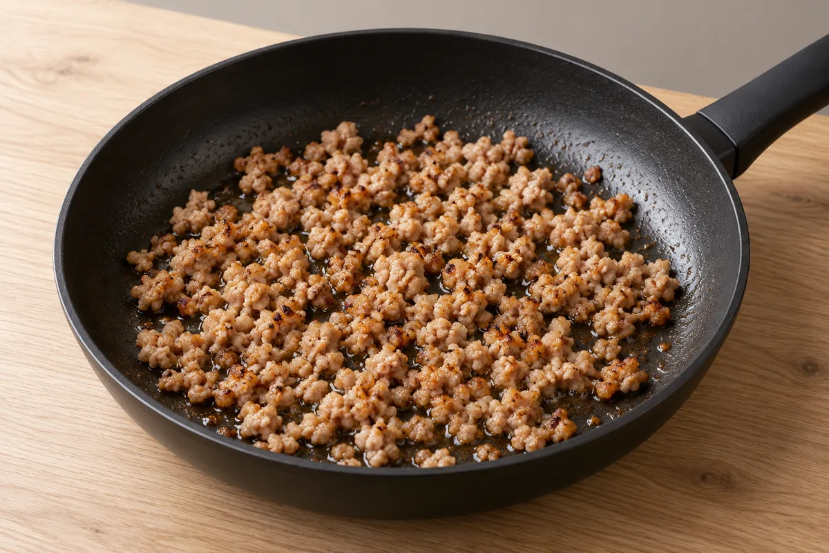 Fine pork crumbles browned in oil in a black frying pan before the seasonings are added.