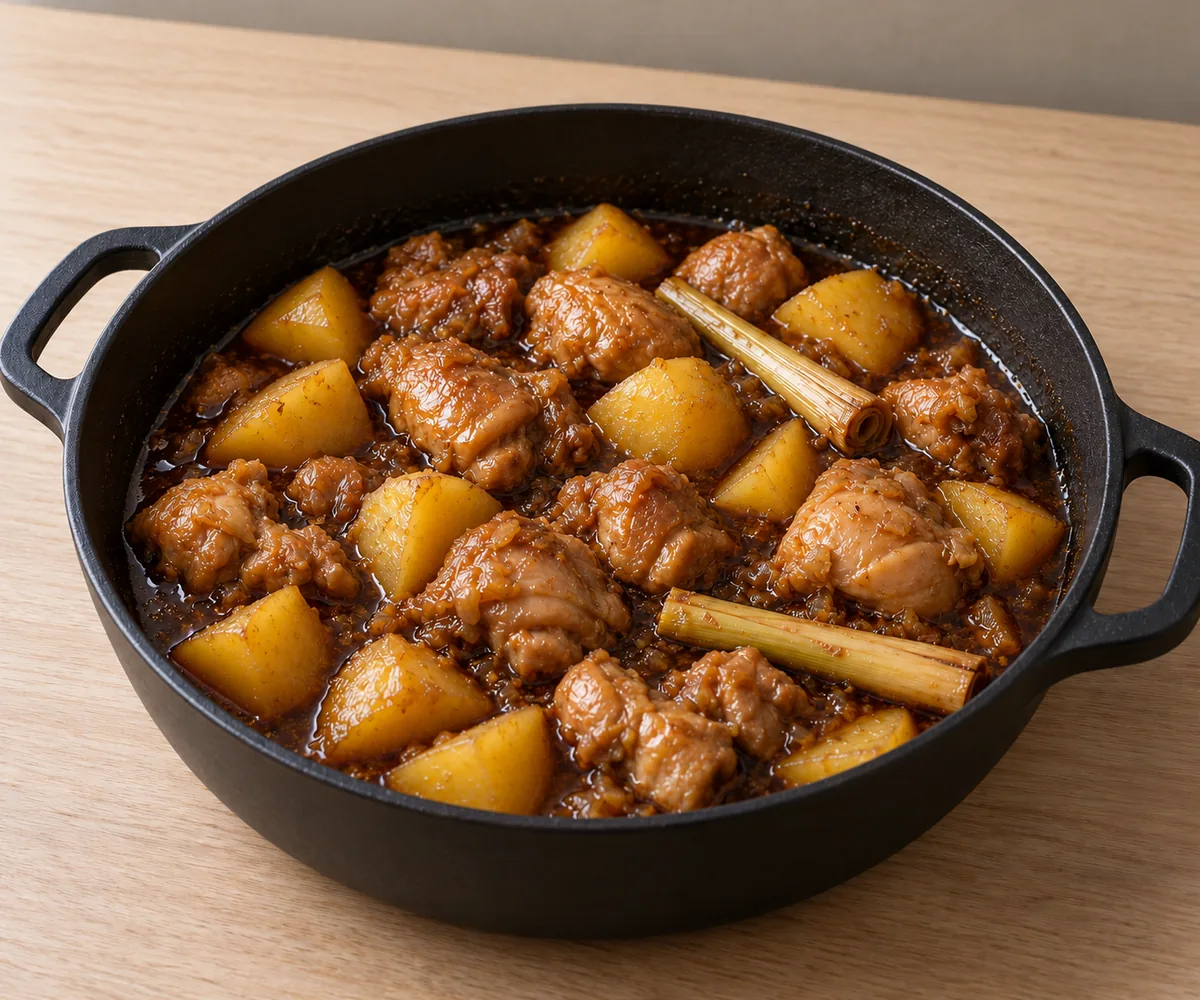 The same chicken and potatoes after the sweet soy sauce has reduced to a glossy, spoonable consistency.