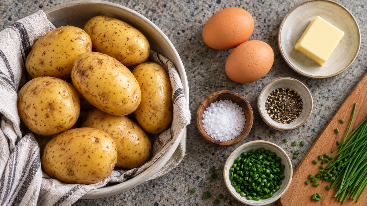 Potatoes, eggs, butter, salt, pepper, and chives prepared for Swiss rösti