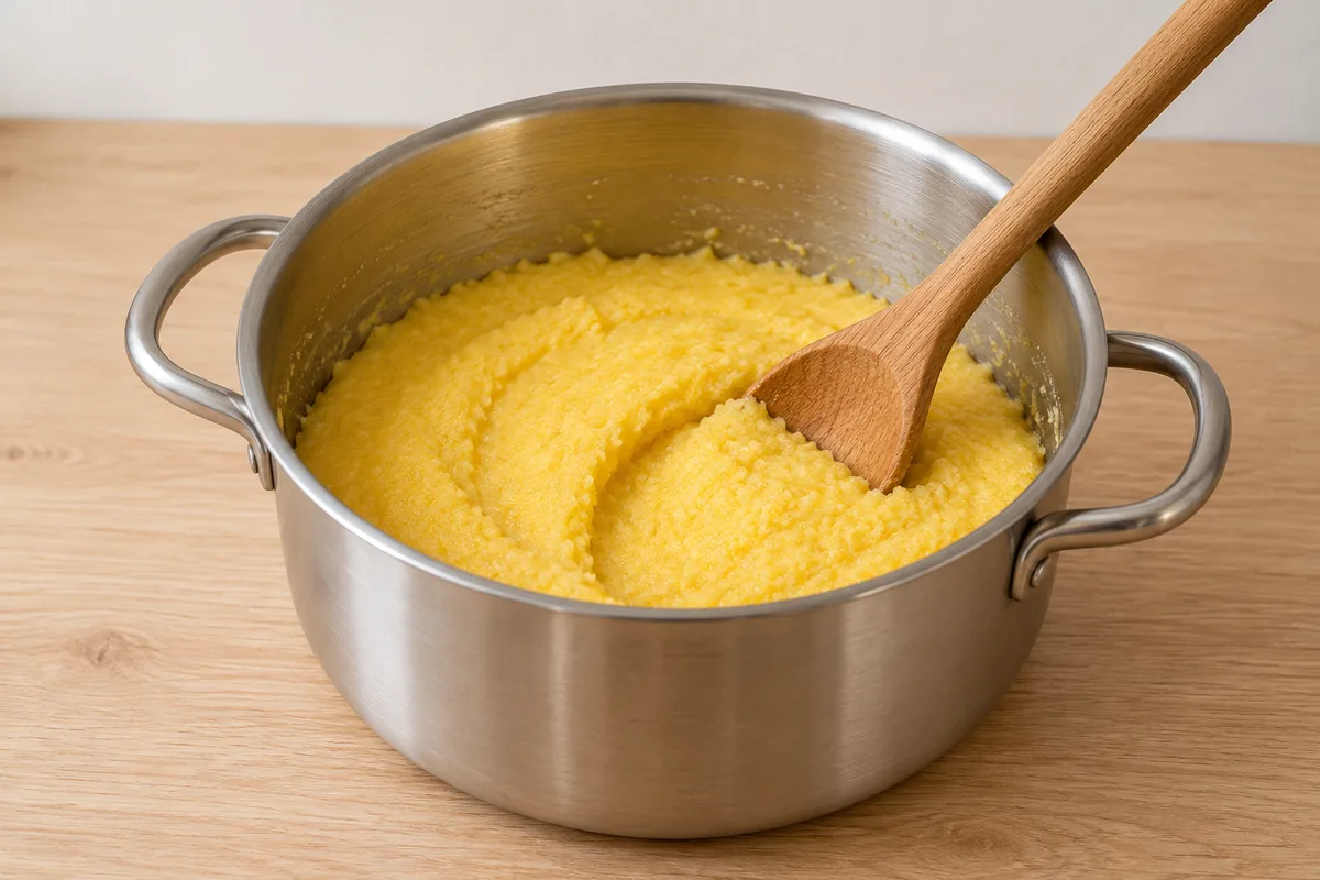 Thick golden mamaliga in a stainless-steel pot, with a wooden spoon leaving a broad groove.