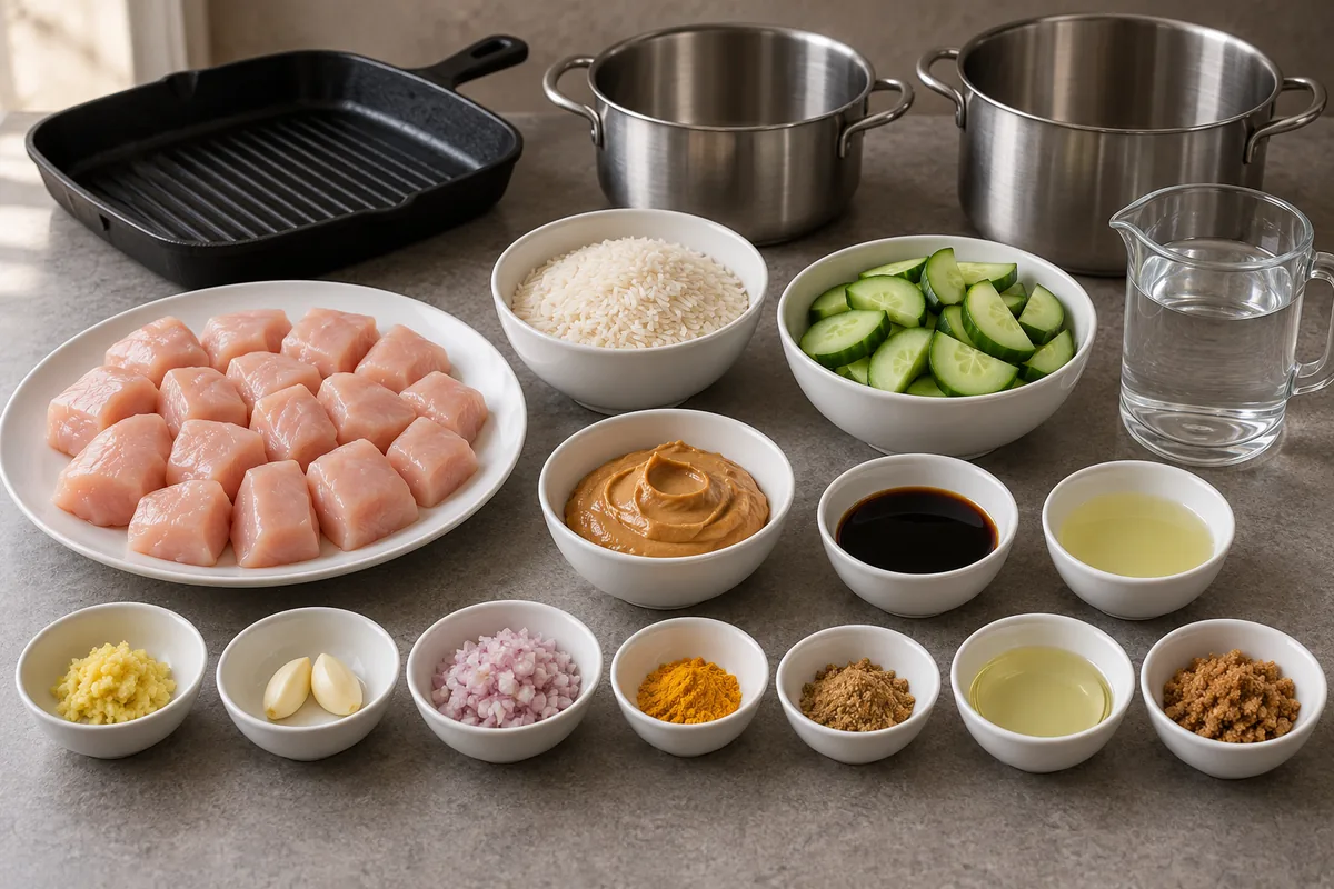 Prepared chicken, rice, cucumber, peanut butter, soy sauce, lime juice, ginger, garlic, shallot, turmeric, coriander, oil, brown sugar and water for two servings.