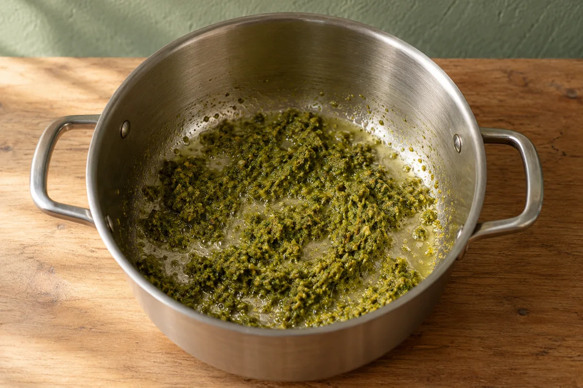 Green curry paste frying in separated coconut cream in a stainless-steel pot.