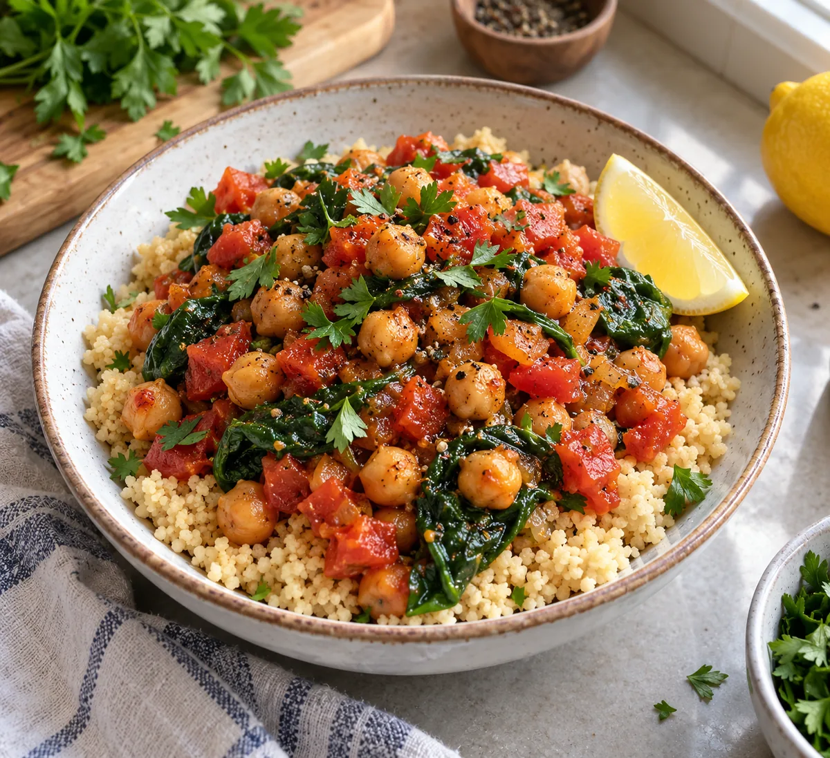 Finished bowl of tomato chickpea spinach couscous with lemon and parsley.