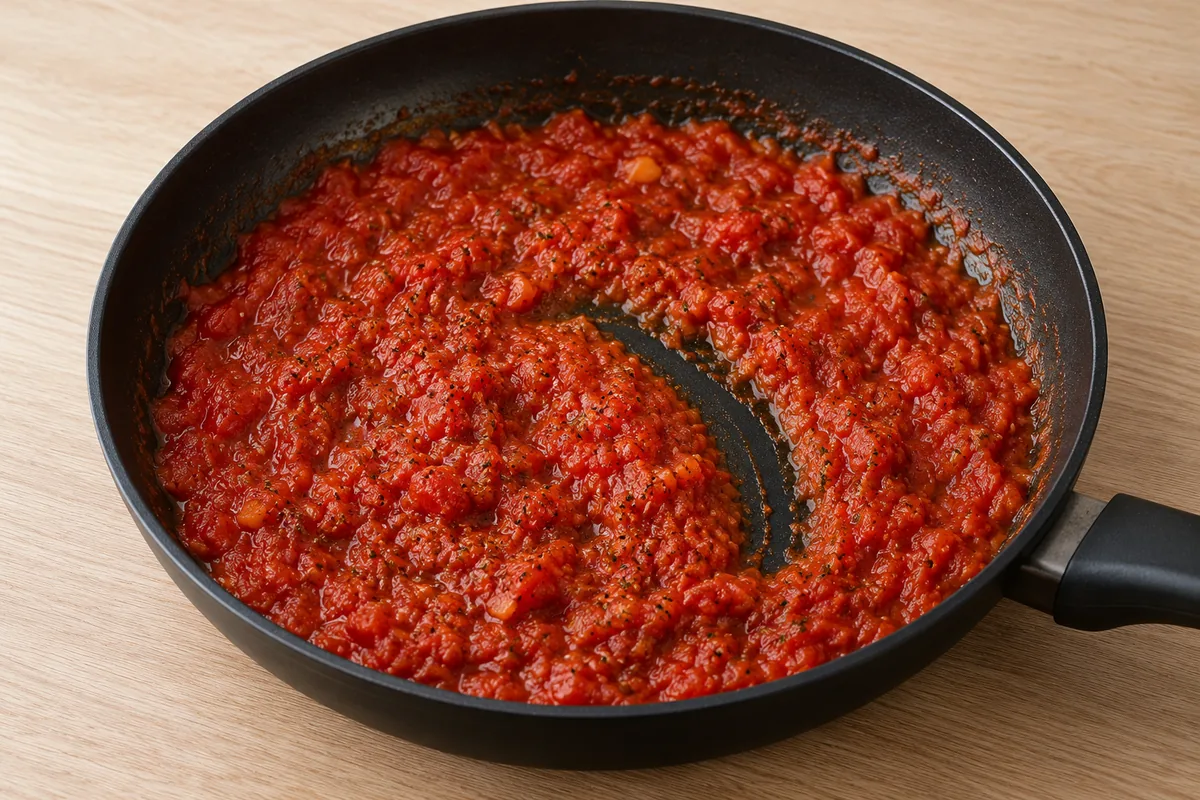 Thick reduced tomato sauce in a black frying pan, with a clear spatula trail showing that excess liquid has evaporated.