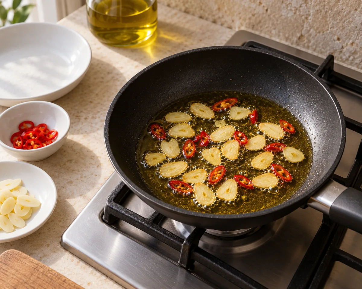 Thin garlic and red chili gently sizzling in olive oil in a frying pan, garlic still pale golden.